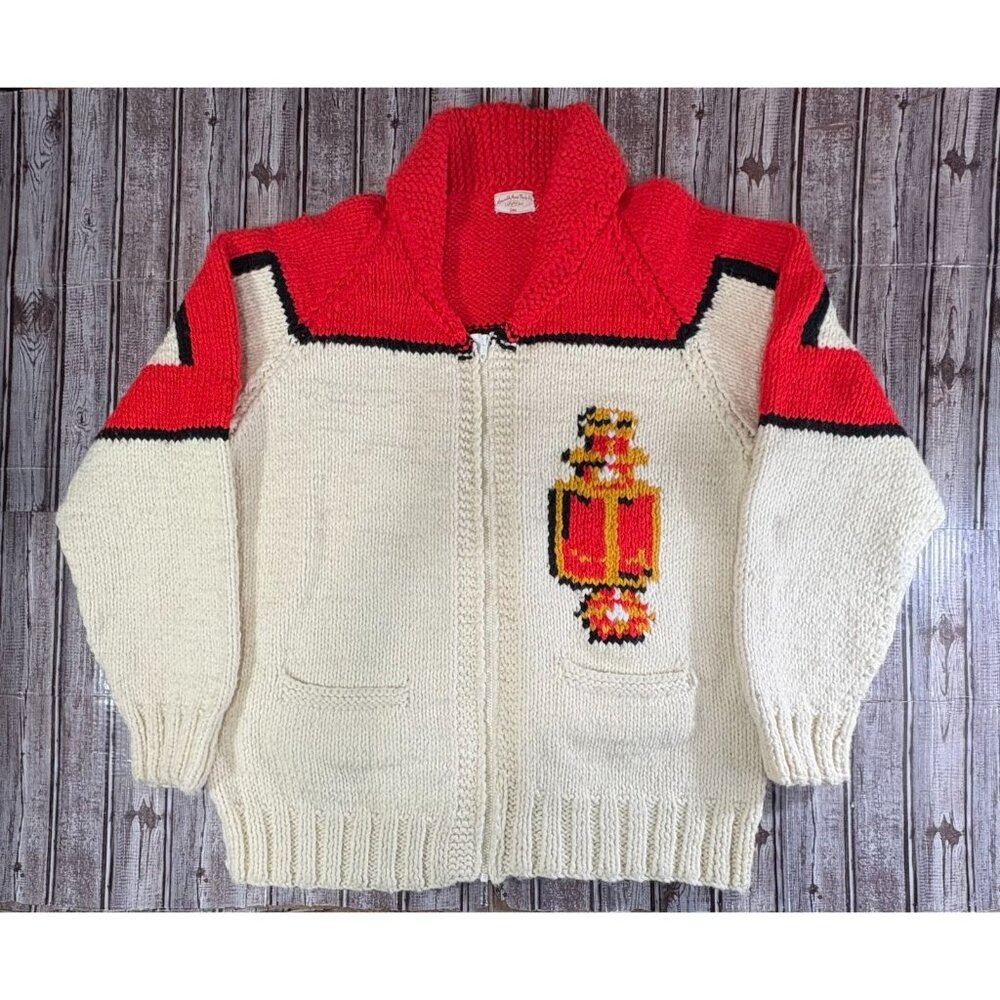 Cowichan Handmade Knit Shawl Collar Zipup Sweater Sz XL Ford Model T Car Vintage